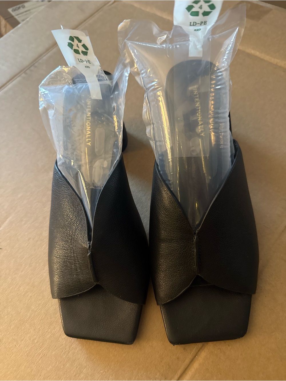 Intentionally Blank Kamika Heels, black leather crisscross upper and square toe